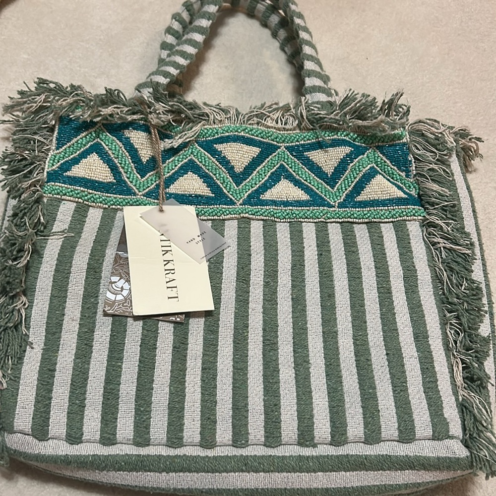 Antik Kraft Green and Teal Striped Beaded Boho Tote Cotton NWT